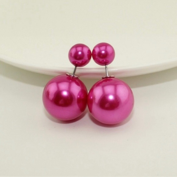 "Pearl" Double Sided Earrings. Blue, Dark Pink, Green & Red - Picture 2 of 5